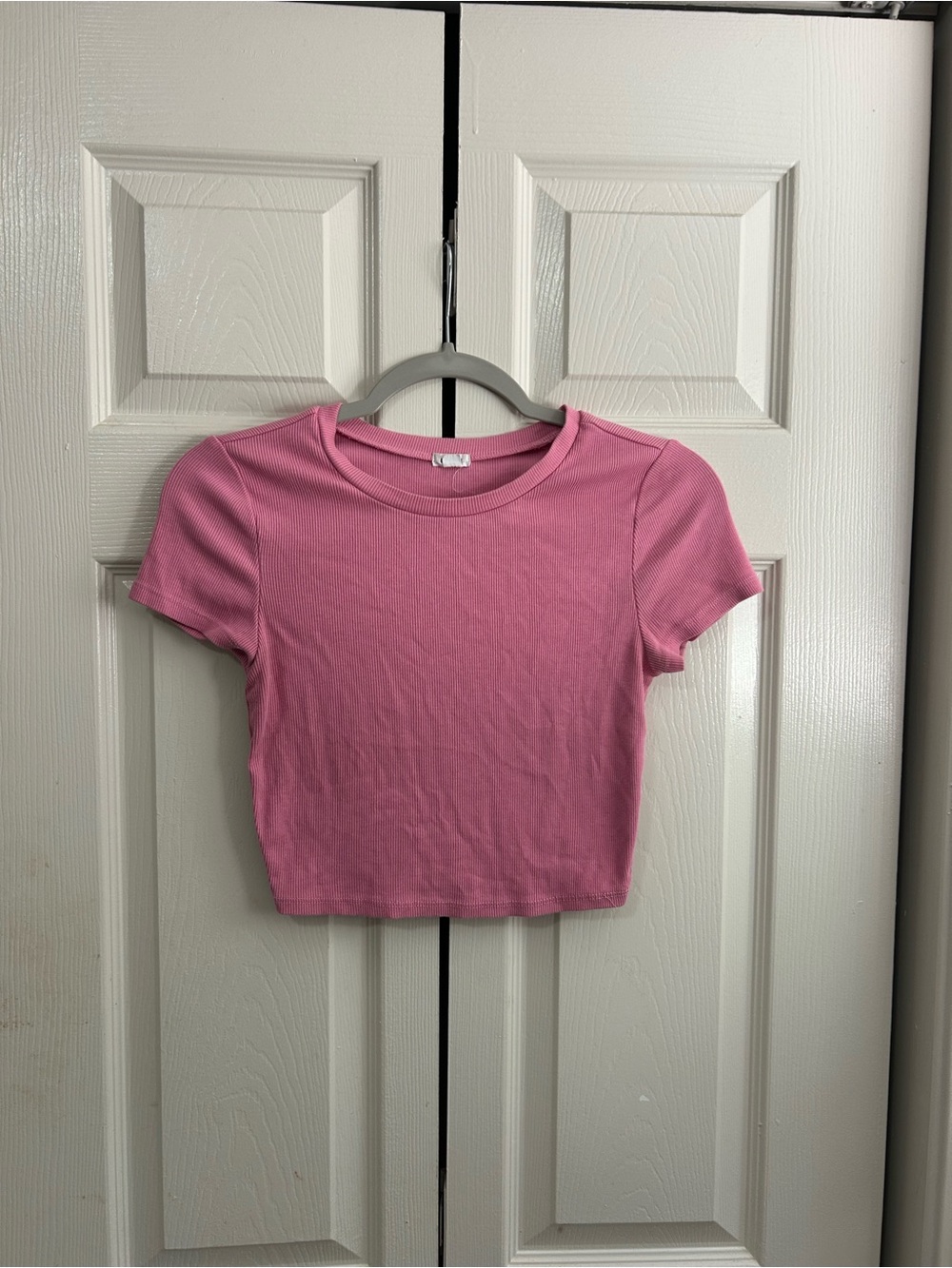 Garage Pink Ribbed Short Sleeve Crop Top